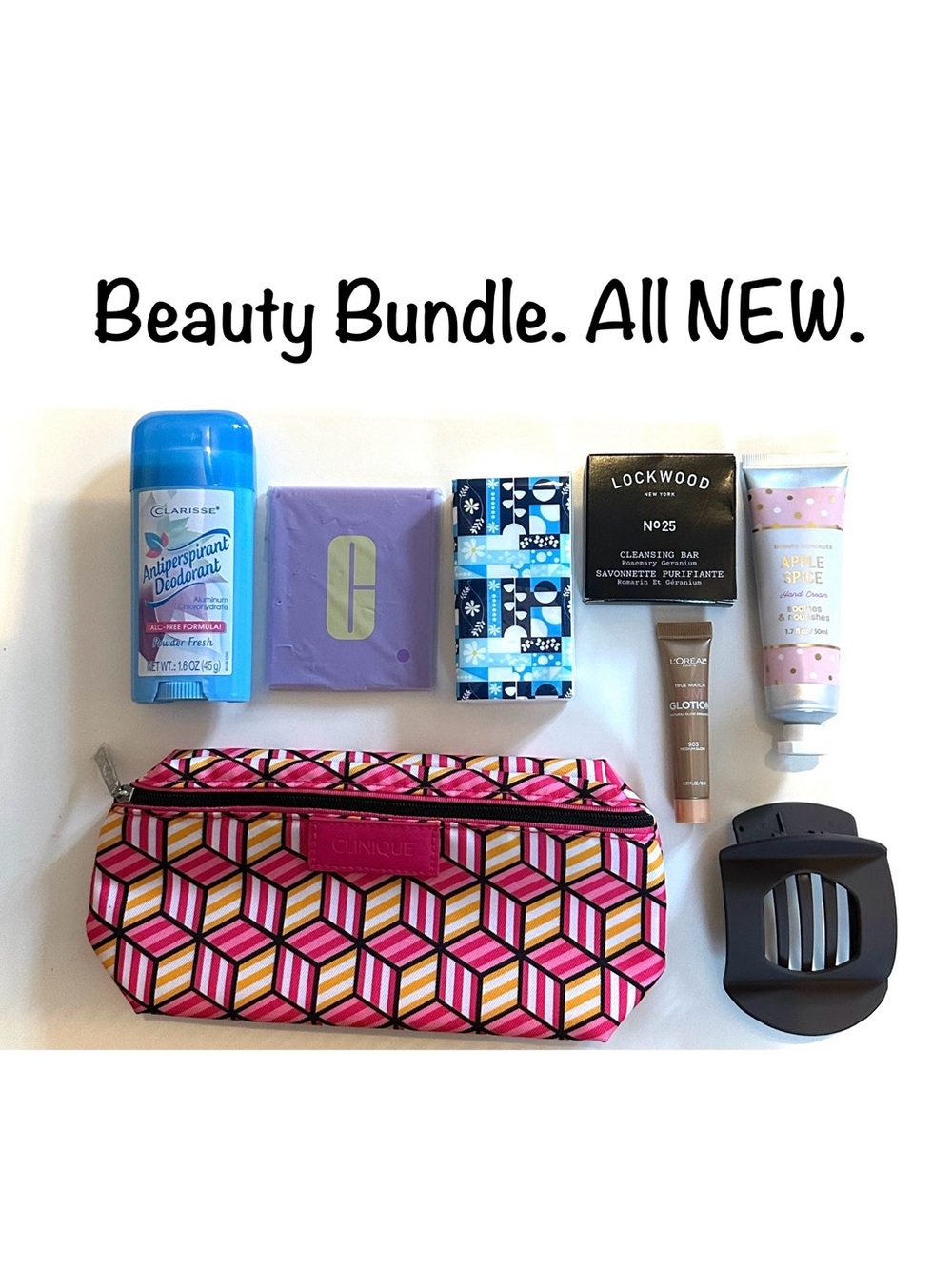 Cosmetic Bag Beauty Essentials Bundle Lot Mirror Deodorant Cream Hair Clip Soap